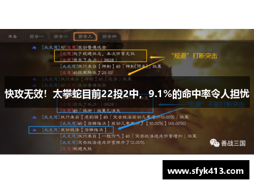 快攻无效！太攀蛇目前22投2中，9.1%的命中率令人担忧